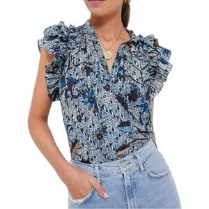 Ulla Johnson Fleur Ruffled Flutter Sleeve Top in Blue Morning Glory Size 10 $350